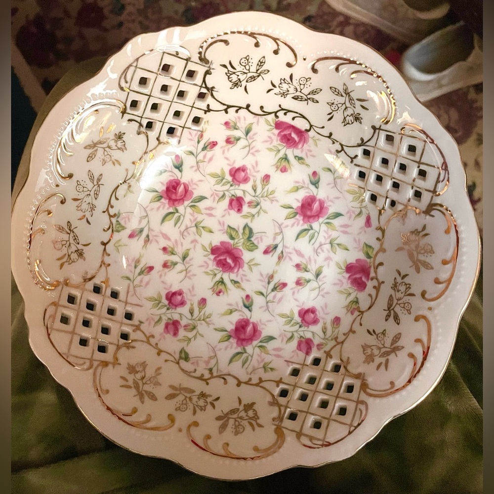 Lefton China "Rose Chintz” Porcelain Candy Dish, Gold Accents, Excellent!